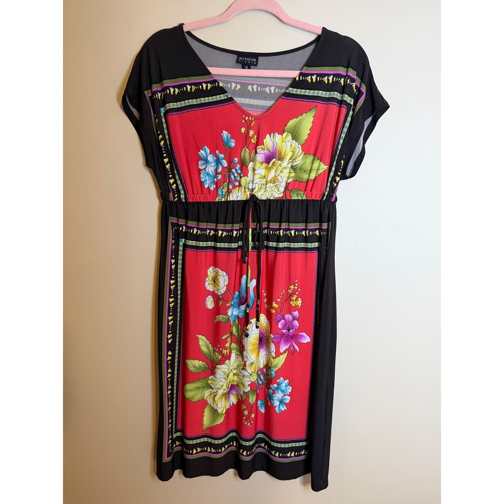 En Focus Studio Womens 10 Red Black Floral Dress V Neck Drawstring Waist